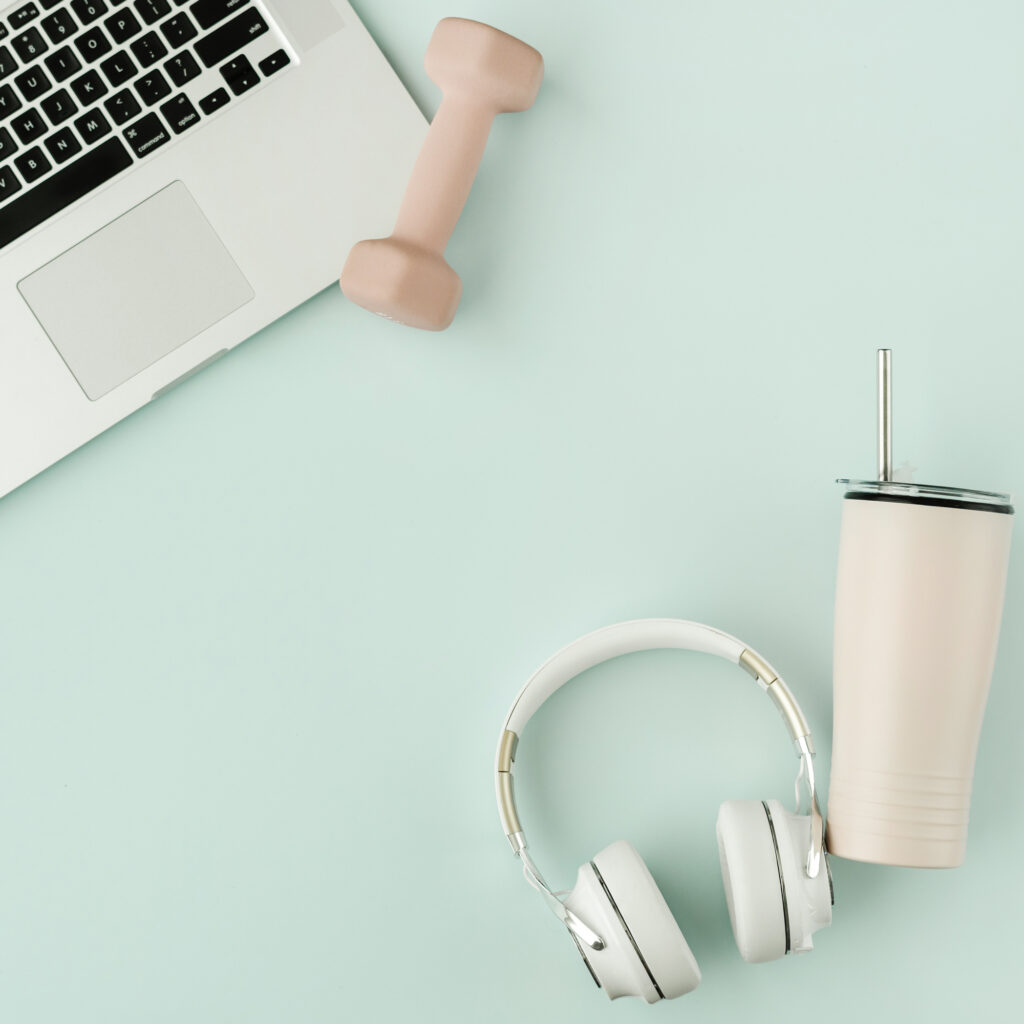laptop headphones and drink