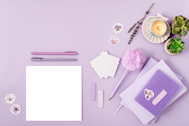 purple desktop flatlay